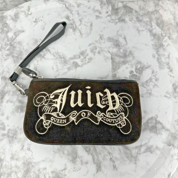 Vintage y2k Juicy Couture Brown Velvet Queen of Couture Wristlet Pouch Wallet - Picture 1 of 9